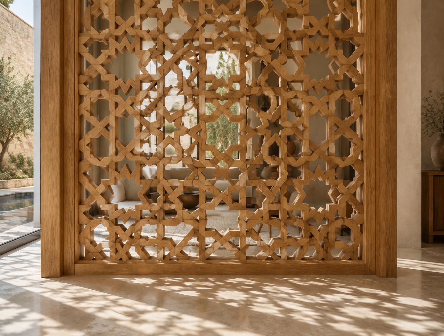 Claustra en bois aux motifs géométriques islamiques